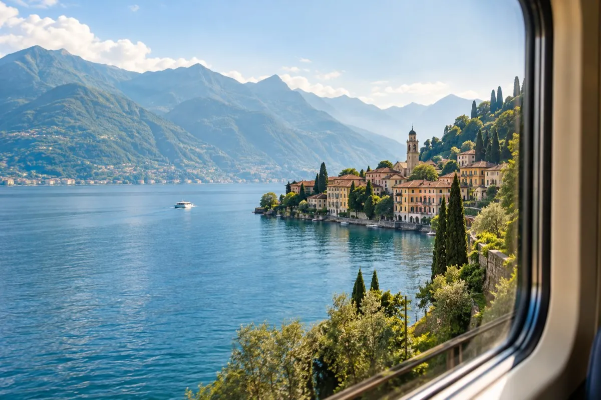 Sunlit lake and villages seen through a European train window