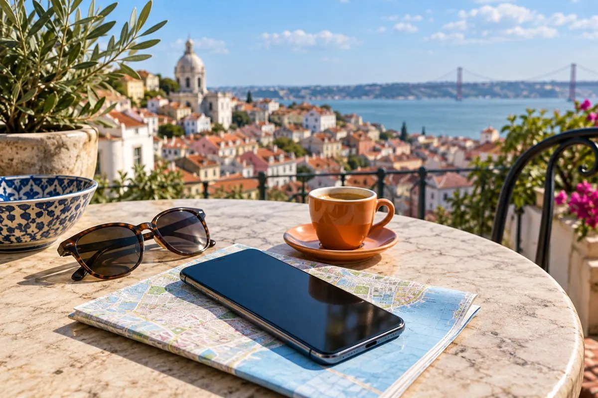 A phone and map on a sunny cafe table overlooking Lisbon